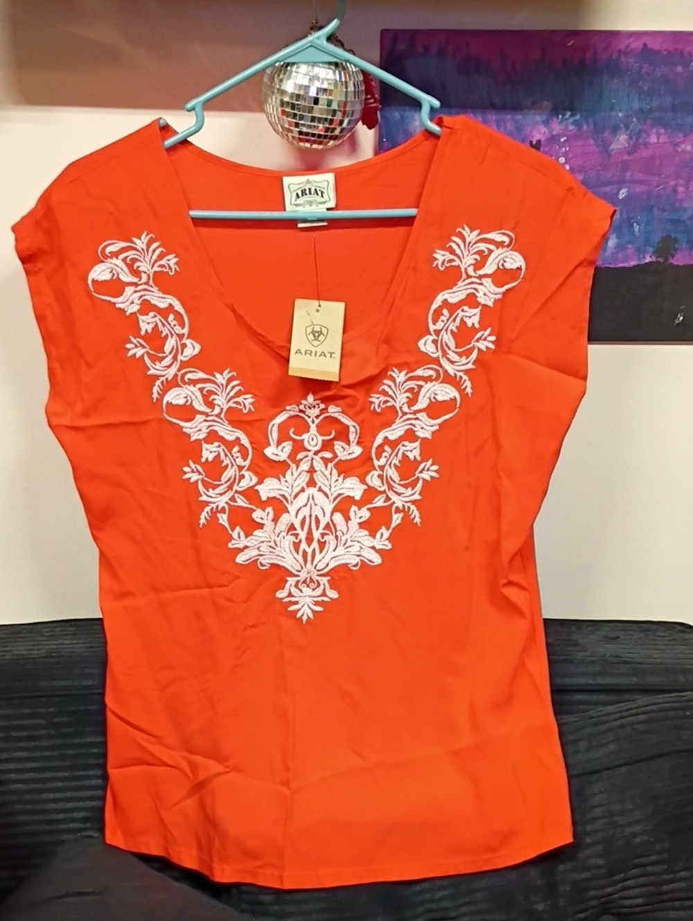 Ariat Women's Orange V-Neck Tunic with White Floral Embroidery